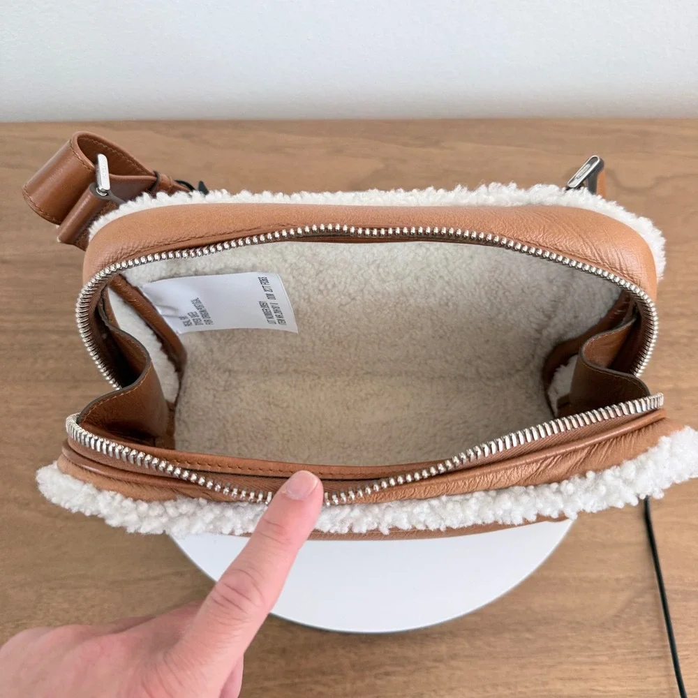 Prada Bandoliera Montone Shearling Leather Crossbody Bag Cognac 2VH181